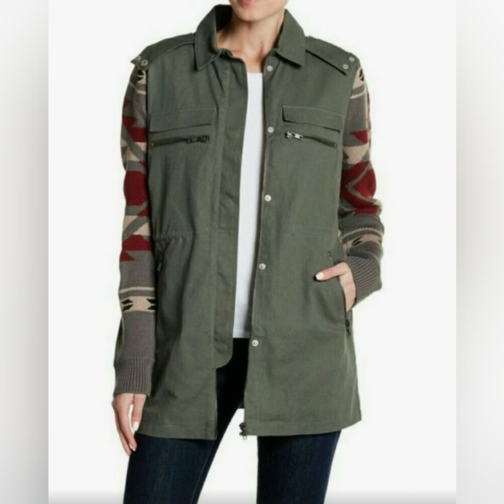 Olive + Oak Olive Green Jacket with Patterned Knit Sleeves